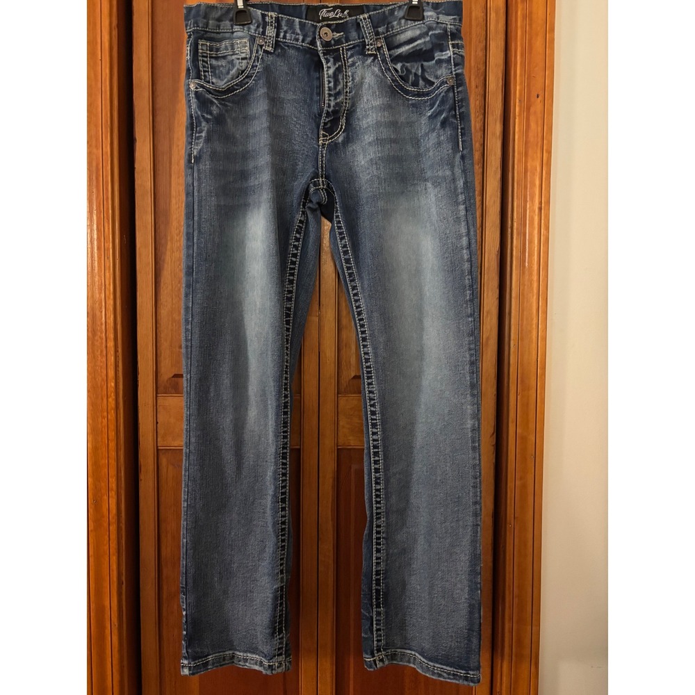 True Luck Straight Jeans Mens 33 x 31 Blue Contrast Stitch Embroidered EUC Note!